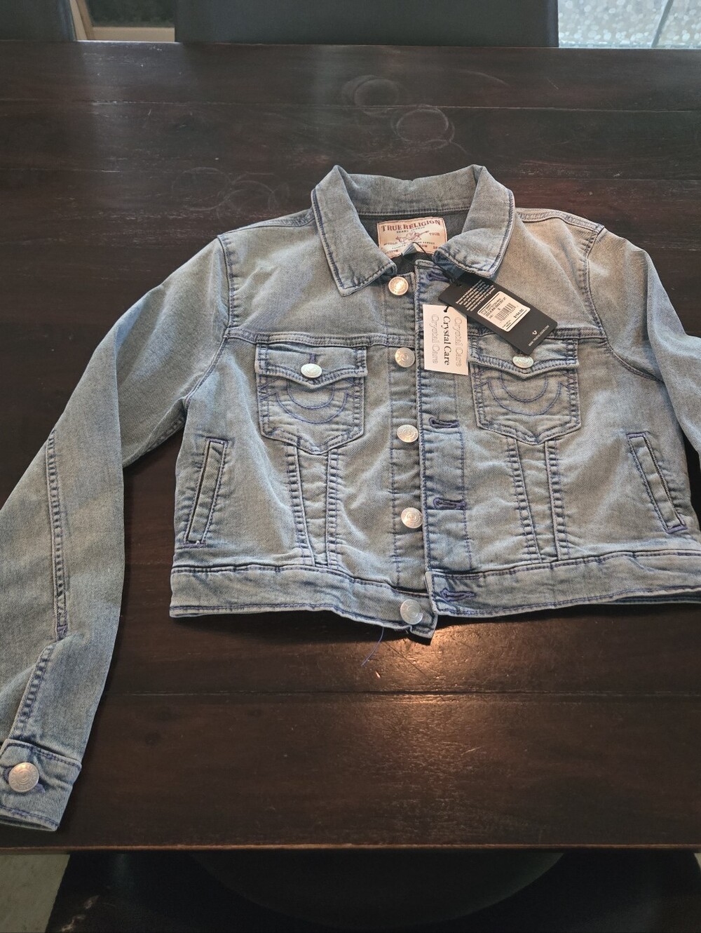 True Religion Light Blue Denim Jacket with Pink Wing Graphic - Picture 2 of 4